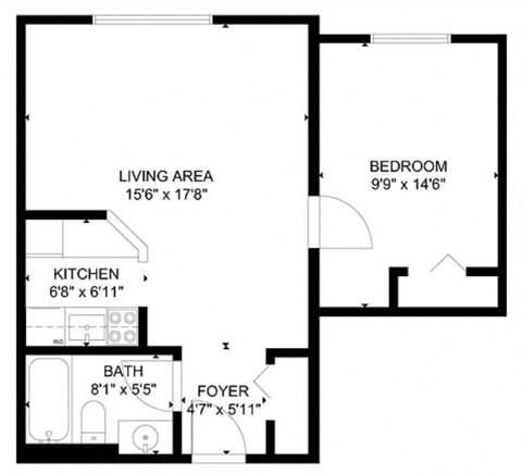 Floor plan for 1 bed, 1 bath, 646 sqft